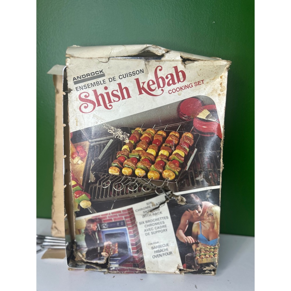 Vintage Androck Shish Kebab Cooking Set 6 Chrome Skewers and Rack BBQ Hibachi